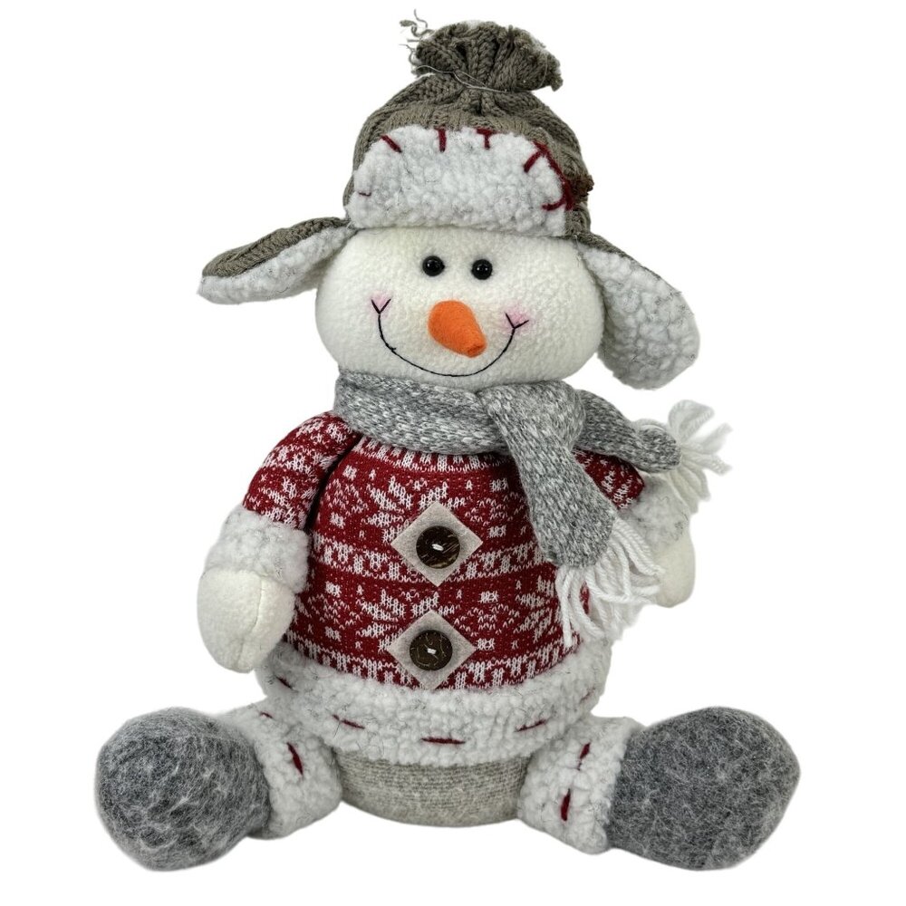 Handmade Snowman Plush Doll Knit Hat Sweater and Scarf Weighted Winter Decor 13"